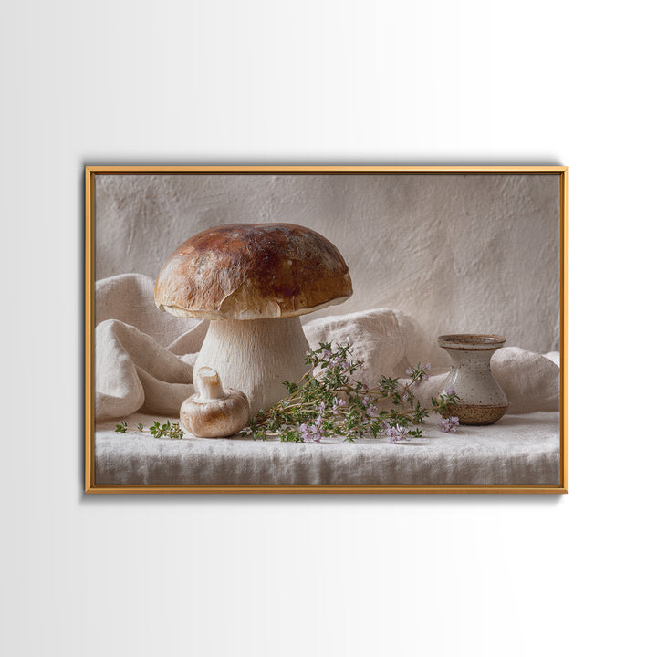 Mushrooms and Thyme Botanical Study Canvas Print, Kitchen Art, Textured Painting, Kitchen Decor, Watercolor Art, Kitchen, KIT-3x2-67