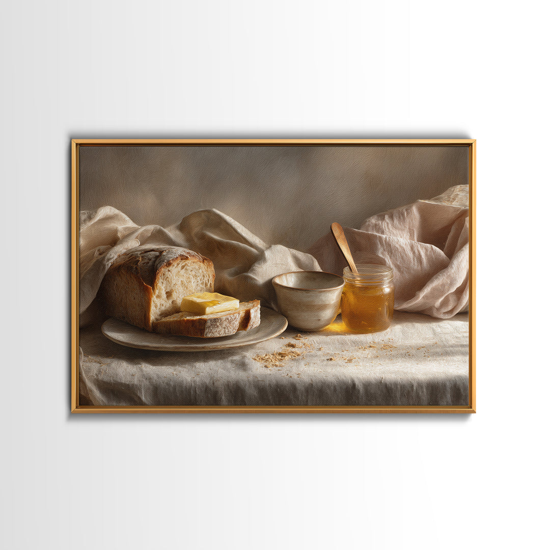 Fresh Bread with Butter and Honey Framed Canvas Print, Kitchen Art, Printable Art, Kitchen Decor, Kitchen, Coffee Wall Art, KIT-3x2-70