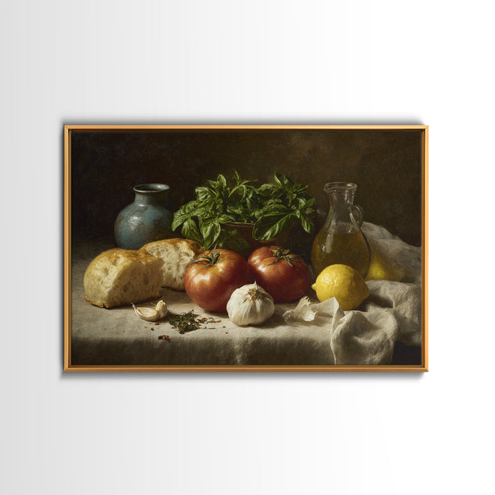Tomatoes Garlic and Basil on Linen Framed Canvas Print, Kitchen Art, Kitchen Print, Kitchen Decor, Abstract Art, Kitchen, KIT-3x2-79