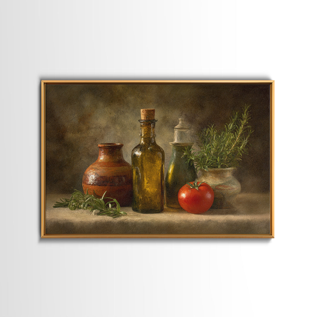 Olive Oil Bottle and Rosemary Branch Framed Canvas Print, Kitchen Art, Kitchen Print, Kitchen Decor, Watercolor Art, Kitchen, KIT-3x2-81