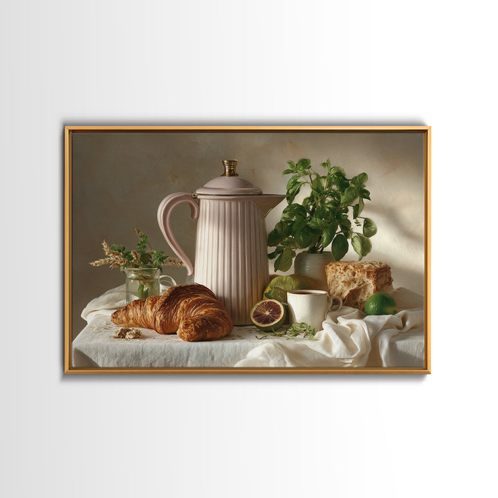 Coffee Pot and Croissant Morning Still Life Canvas Print, Kitchen Art, Wall Art, Kitchen Decor, Kitchen, Kitchen Wall Art, KIT-3x2-83
