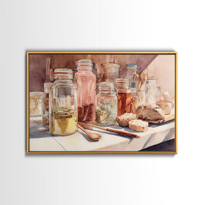 Watercolor Spice Jars Without Readable Labels Canvas Print, Kitchen Art, Coffee Print, Kitchen Decor, Oil Painting, Kitchen, KIT-3x2-89