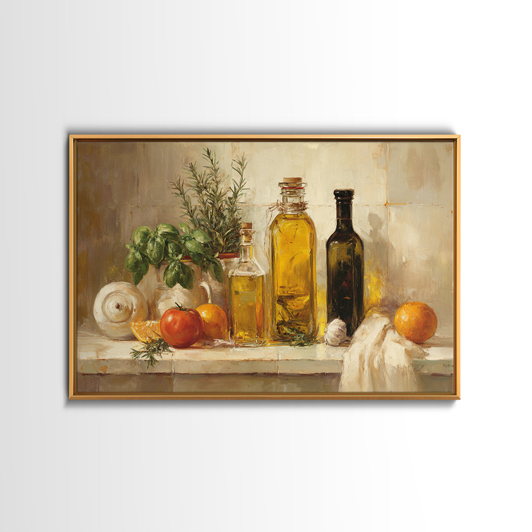 Olive Oil Bottle and Rosemary Branch Framed Canvas Print, Kitchen Art, Printable Art, Kitchen Decor, Oil Painting, Kitchen, KIT-3x2-9