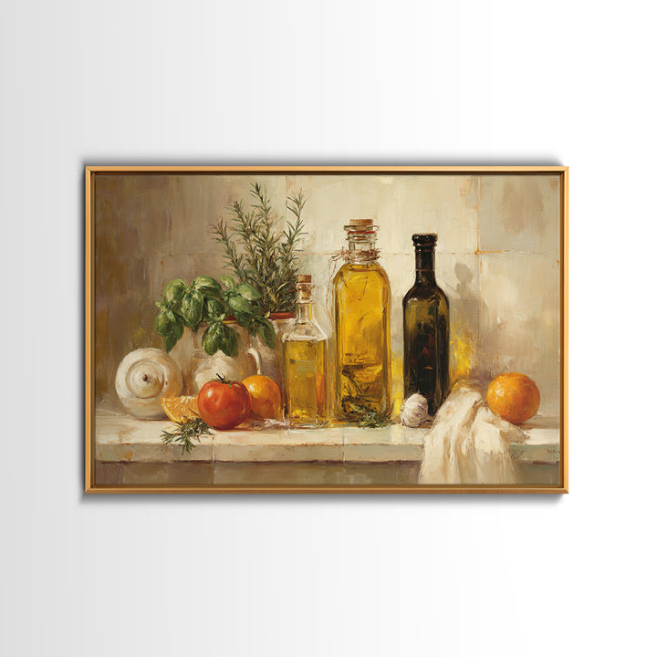 Olive Oil Bottle and Rosemary Branch Framed Canvas Print, Kitchen Art, Printable Art, Kitchen Decor, Oil Painting, Kitchen, KIT-3x2-9