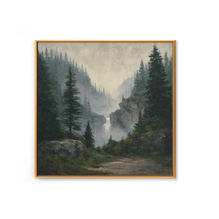 Waterfall Hidden in Dense Forest Framed Canvas Print, Landscape Art, Decor, Living Room Decor, Oil Painting, Horizon, LAN-1x1-12