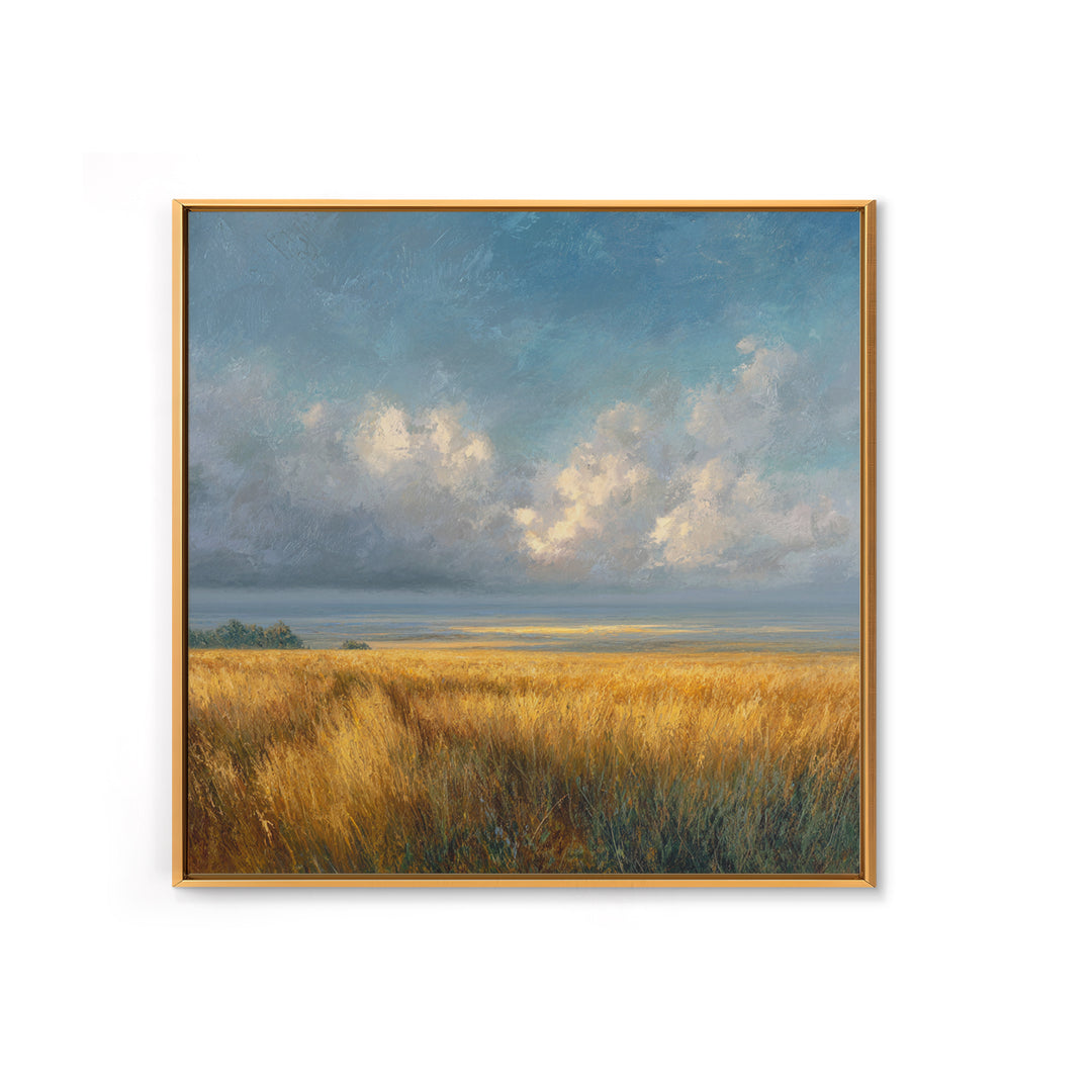 Golden Wheat Field Beneath Huge Clouds Framed Canvas Print, Landscape Art, Wall Art Print, Living Room Decor, Fine Art, Horizon, LAN-1x1-24