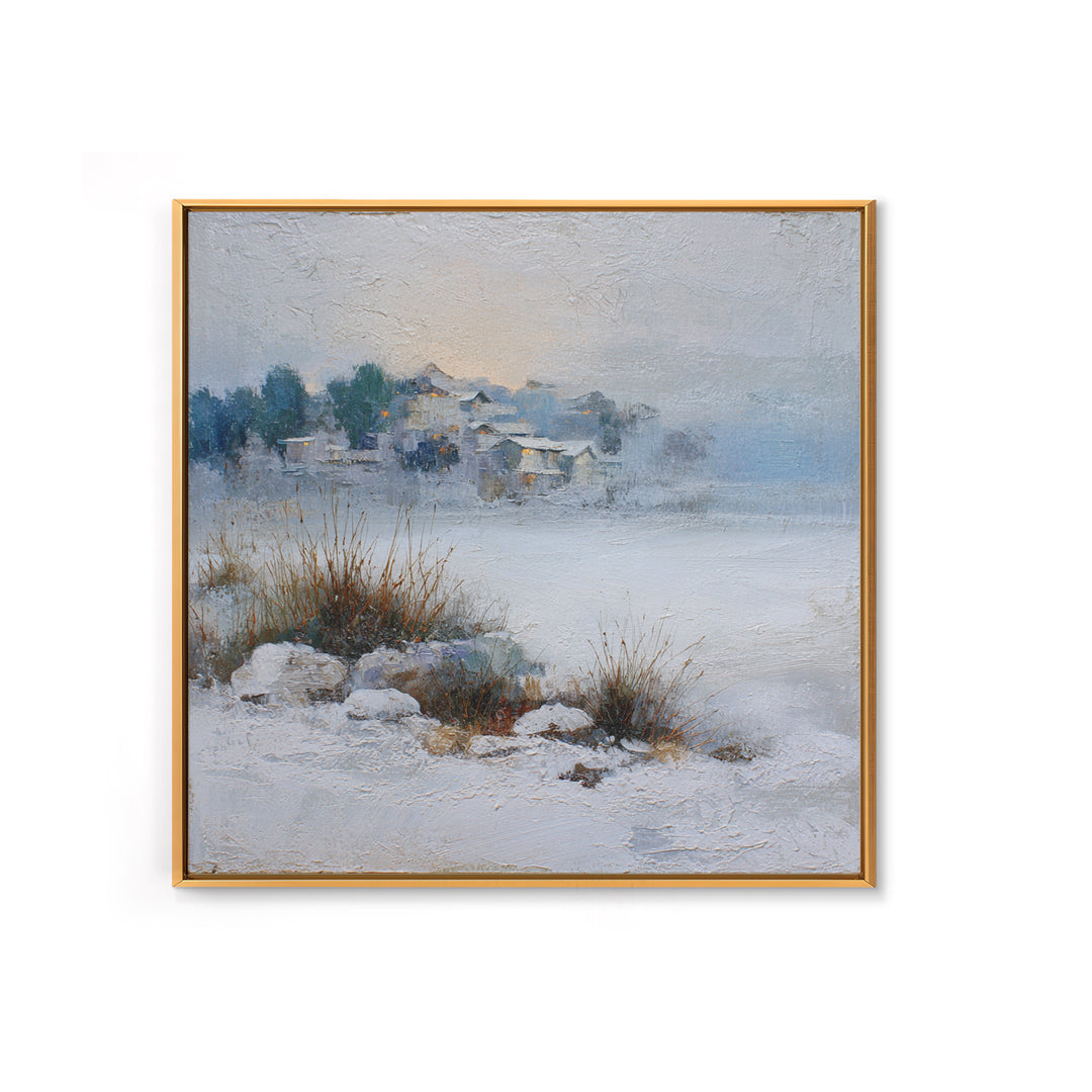 Snow Covered Alpine Village at Dusk Canvas Print, Landscape Art, Abstract Wall Art, Living Room Decor, Fine Art, Horizon, LAN-1x1-31