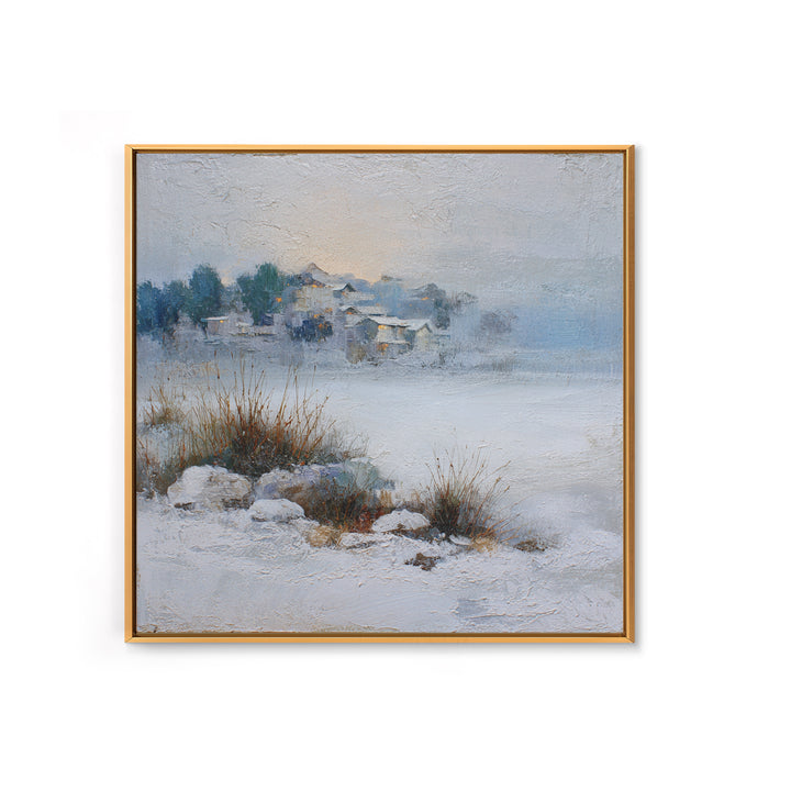 Snow Covered Alpine Village at Dusk Canvas Print, Landscape Art, Abstract Wall Art, Living Room Decor, Fine Art, Horizon, LAN-1x1-31