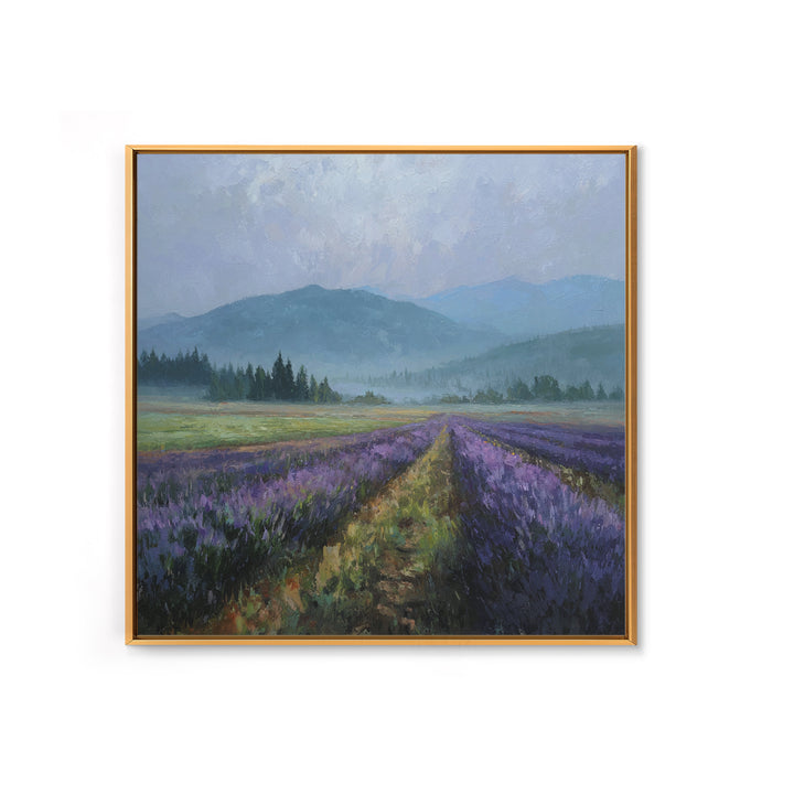 Lavender Field Leading to Distant Hills Framed Canvas Print, Landscape Art, Modern Art, Living Room Decor, Watercolor Art, LAN-1x1-34