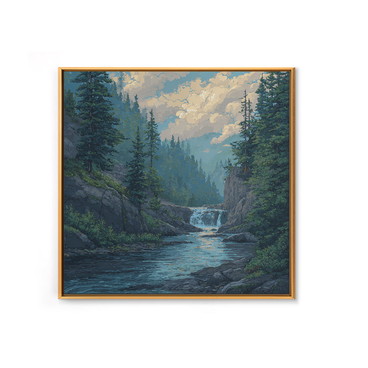 Waterfall Hidden in Dense Forest Canvas Print, Landscape Art, Original Painting, Living Room Decor, Fine Art, Horizon, LAN-1x1-36