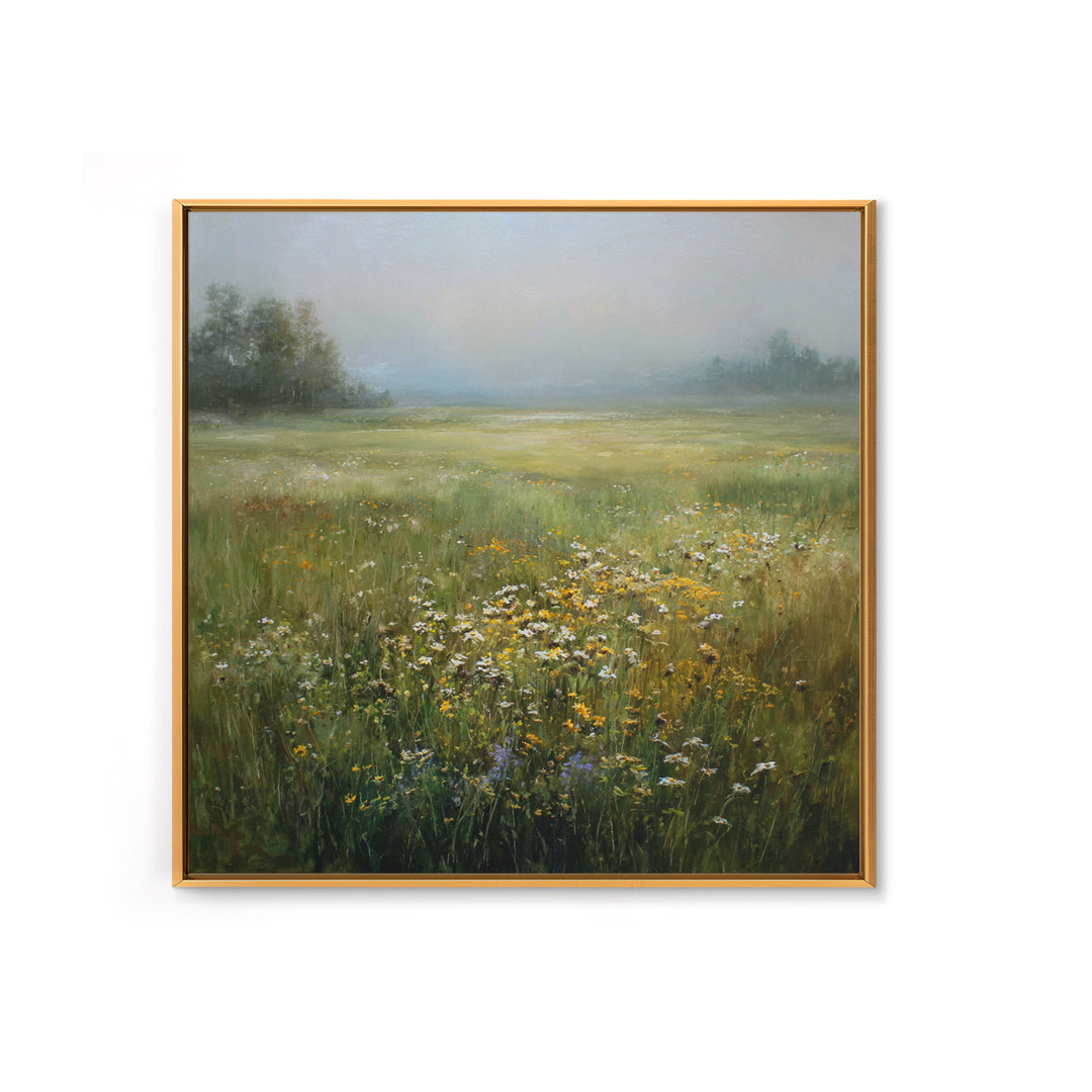 Sunlit Meadow with Wildflowers Framed Canvas Print, Landscape Art, Boho Decor, Living Room Decor, Fine Art, Horizon, Art Prints, LAN-1x1-37