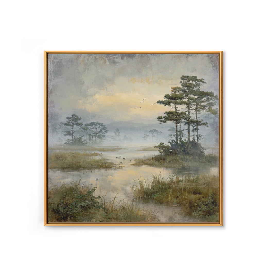 Misty Cypress Swamp Framed Canvas Print, Landscape Art, Living Room Wall Art, Living Room Decor, Oil Painting, Horizon, LAN-1x1-46