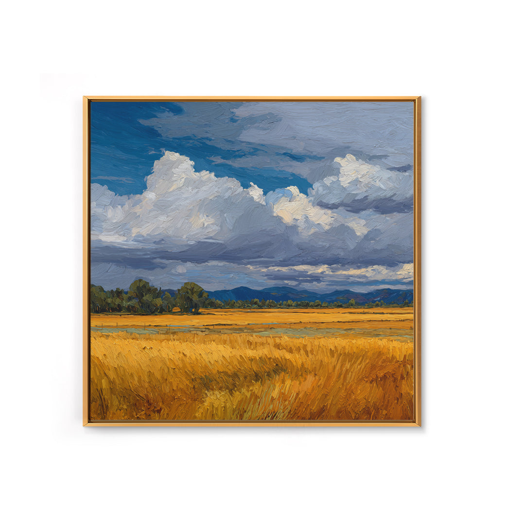 Golden Wheat Field Beneath Huge Clouds Framed Canvas Print, Landscape Art, Decor, Living Room Decor, Oil Painting, Horizon, LAN-1x1-48