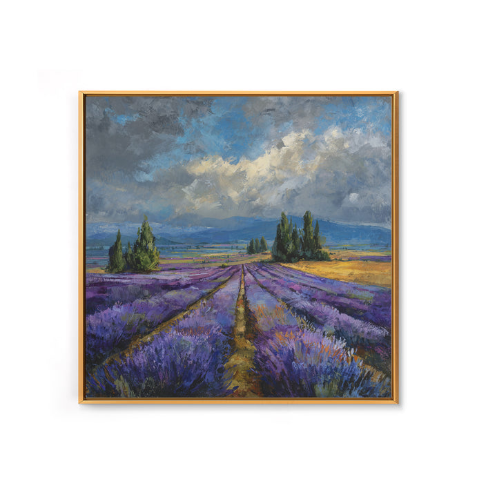 Lavender Field Leading to Distant Hills Framed Canvas Print, Landscape Art, Modern Art, Living Room Decor, Watercolor Art, LAN-1x1-58