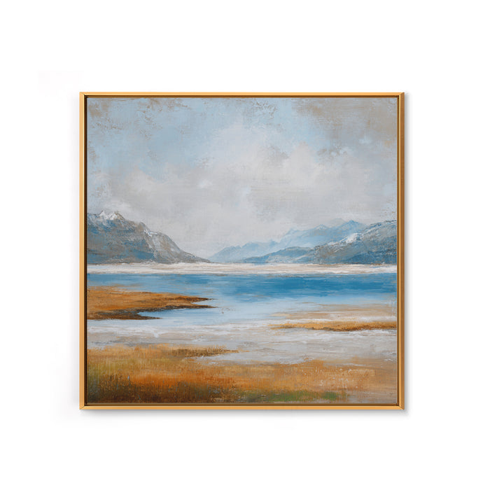 Fjord Landscape with Icy Blue Water Framed Canvas Print, Landscape Art, Neutral Decor, Living Room Decor, Oil Painting, Horizon, LAN-1x1-63