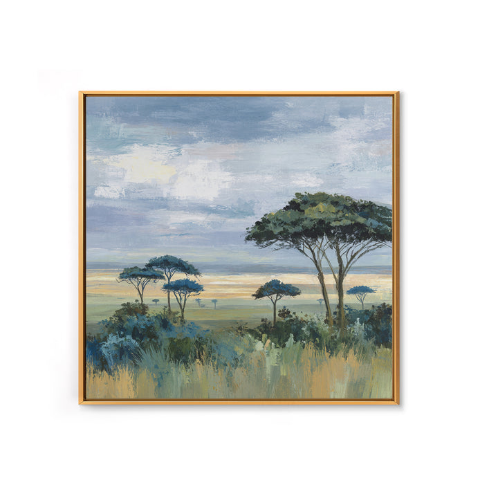 Wide Savanna with Acacia Silhouette Framed Canvas Print, Landscape Art, Modern Decor, Living Room Decor, Fine Art, Horizon, LAN-1x1-67