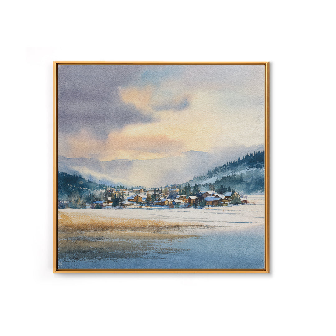 Snow Covered Alpine Village at Dusk Framed Canvas Print, Landscape Art, Framed Wall Art, Living Room Decor, Oil Painting, LAN-1x1-7