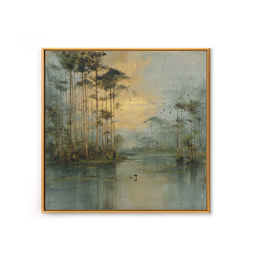 Misty Cypress Swamp Framed Canvas Print, Landscape Art, Living Room Wall Art, Living Room Decor, Oil Painting, Horizon, LAN-1x1-70