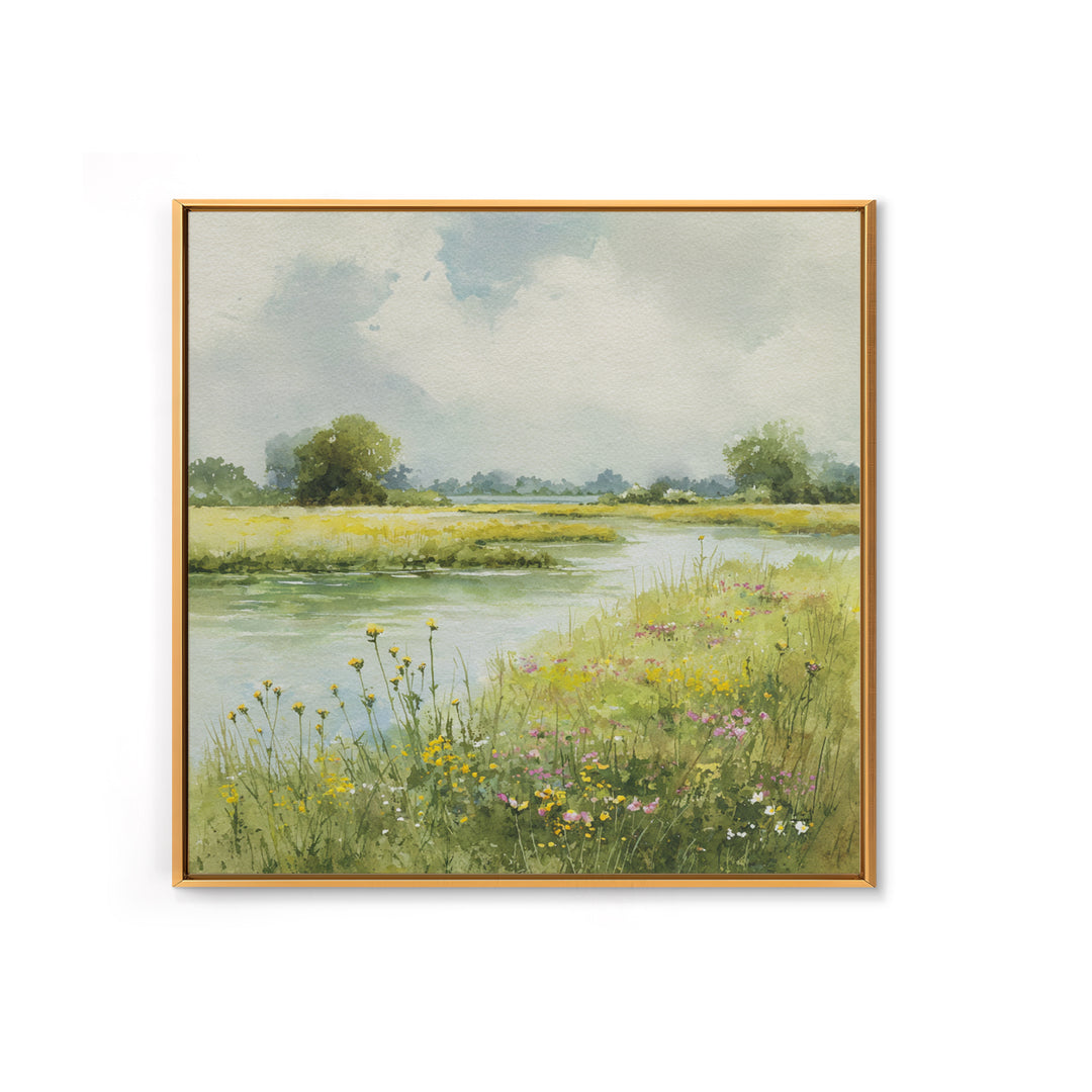 Sunlit Meadow with Wildflowers Canvas Print, Landscape Art, Minimalist Decor, Living Room Decor, Oil Painting, Horizon, LAN-1x1-85