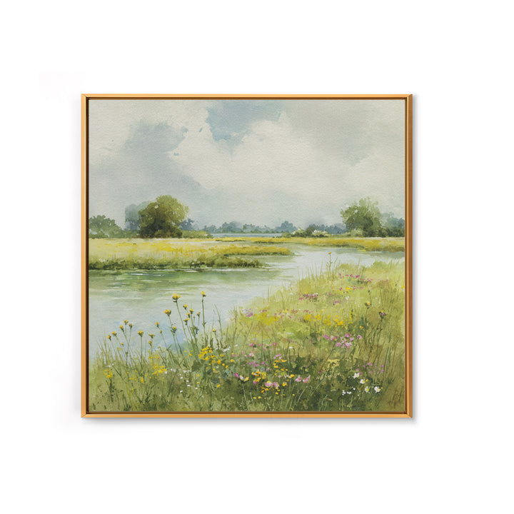 Sunlit Meadow with Wildflowers Canvas Print, Landscape Art, Minimalist Decor, Living Room Decor, Oil Painting, Horizon, LAN-1x1-85