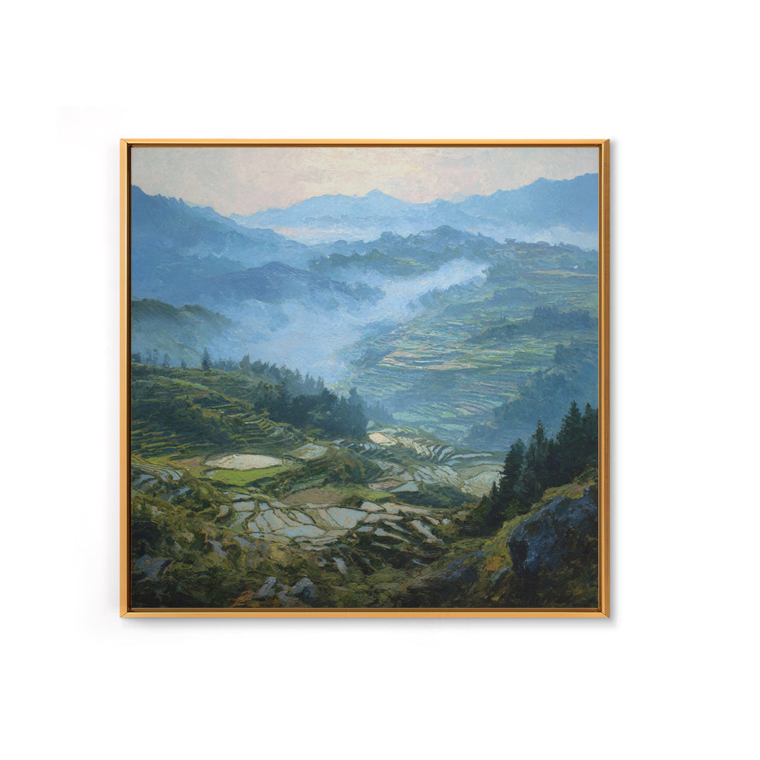 Rice Terraces Glowing Canvas Print, Landscape Art, Neutral Decor, Living Room Decor, Oil Painting, Horizon, Home Decor, LAN-1x1-90