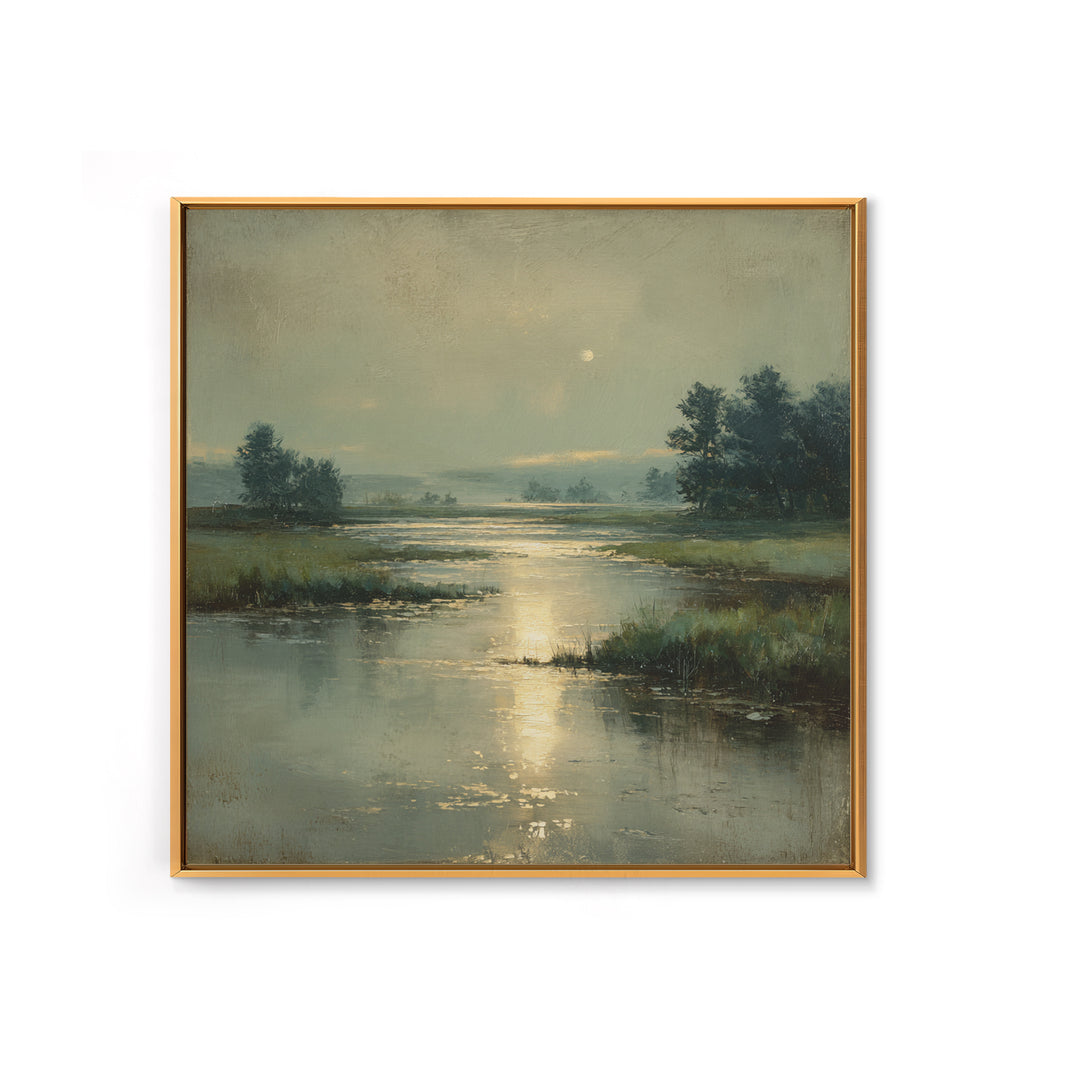 Moonlit River with Silver Reflections Framed Canvas Print, Landscape Art, Wall Art, Living Room Decor, Fine Art, Horizon, LAN-1x1-93