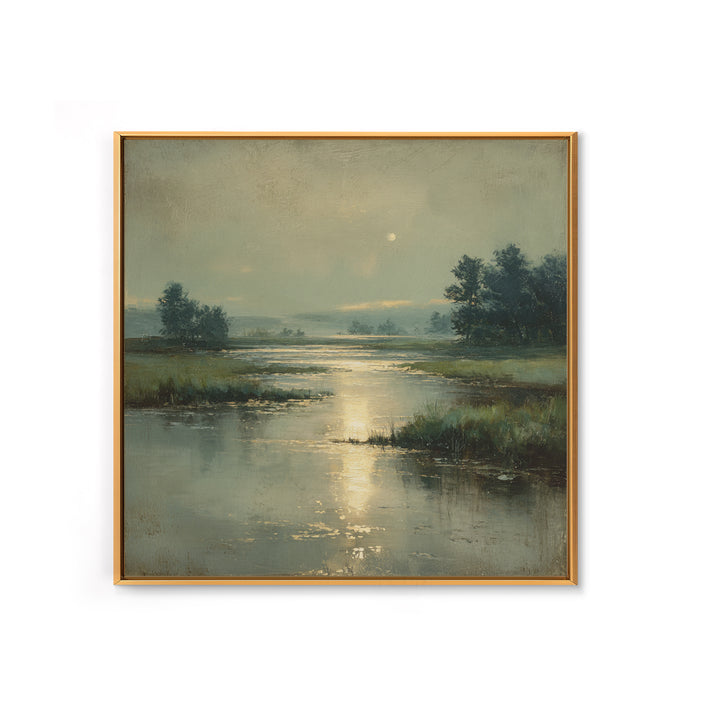 Moonlit River with Silver Reflections Framed Canvas Print, Landscape Art, Wall Art, Living Room Decor, Fine Art, Horizon, LAN-1x1-93