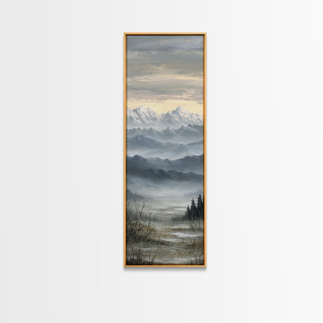 Snow Covered Alpine Village at Dusk Framed Canvas Print, Landscape Art, Framed Wall Art, Living Room Decor, Oil Painting, LAN-1x3-19