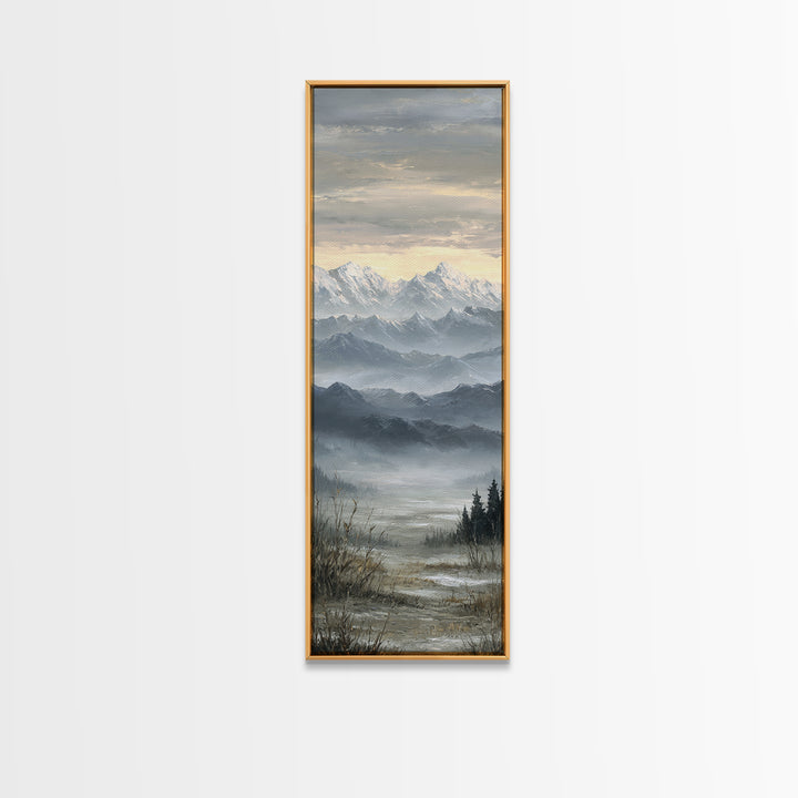 Snow Covered Alpine Village at Dusk Framed Canvas Print, Landscape Art, Framed Wall Art, Living Room Decor, Oil Painting, LAN-1x3-19