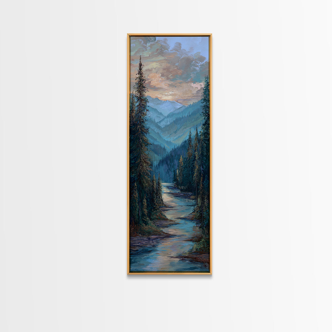 Waterfall Hidden in Dense Forest Framed Canvas Print, Landscape Art, Decor, Living Room Decor, Oil Painting, Horizon, LAN-1x3-24