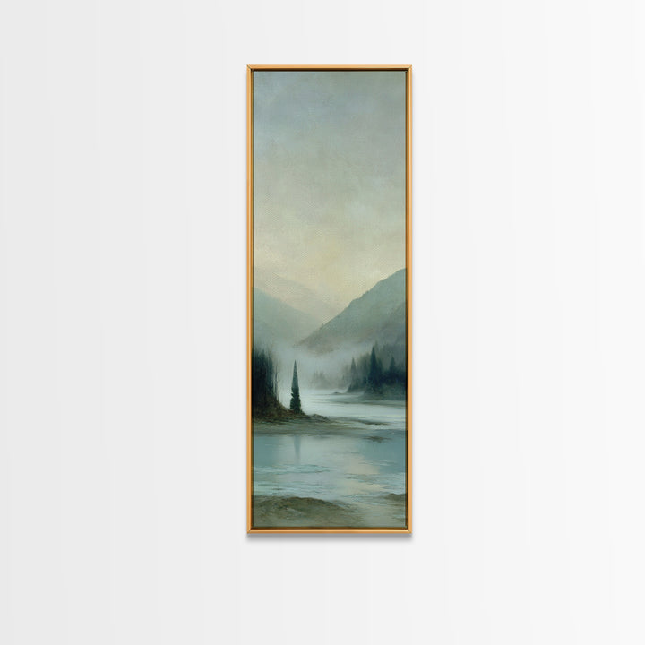 Fjord Landscape with Icy Blue Water Framed Canvas Print, Landscape Art, Original Painting, Living Room Decor, Fine Art, Horizon, LAN-1x3-3