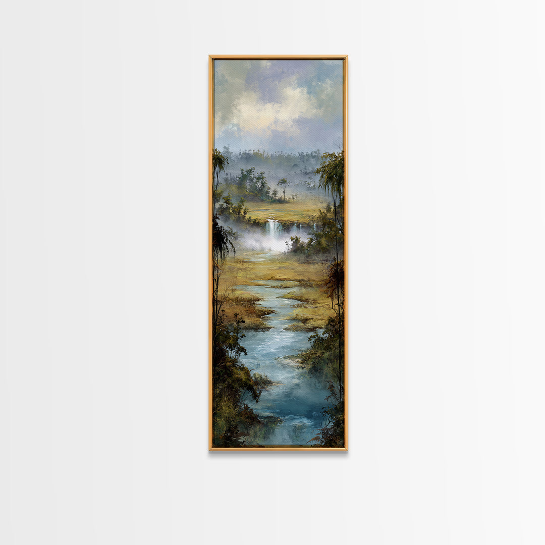Tropical Jungle Waterfall Framed Canvas Print, Landscape Art, Minimalist Decor, Living Room Decor, Oil Painting, Horizon, LAN-1x3-4