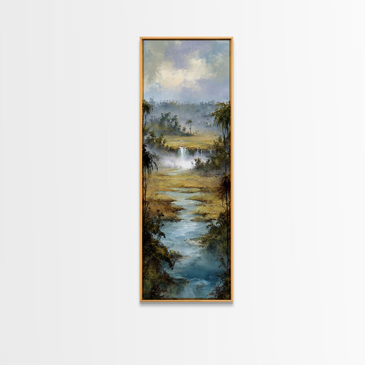 Tropical Jungle Waterfall Framed Canvas Print, Landscape Art, Minimalist Decor, Living Room Decor, Oil Painting, Horizon, LAN-1x3-4