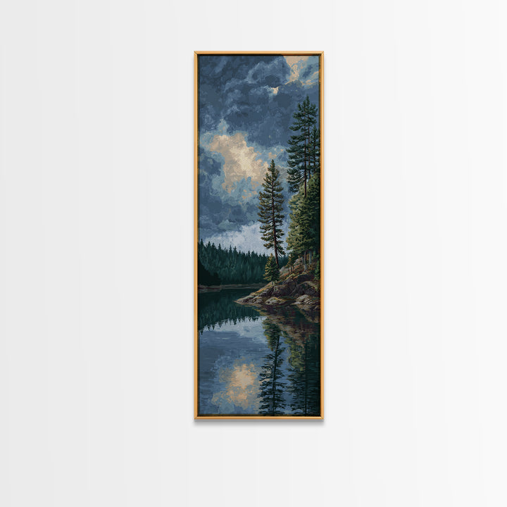 Quiet Lake Reflecting Pine Forest Canvas Print, Landscape Art, Framed Wall Art, Living Room Decor, Oil Painting, Horizon, LAN-1x3-40