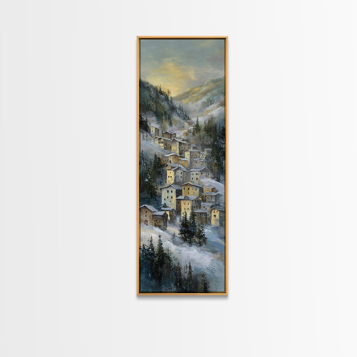 Snow Covered Alpine Village at Dusk Canvas Print, Landscape Art, Abstract Wall Art, Living Room Decor, Fine Art, Horizon, LAN-1x3-43