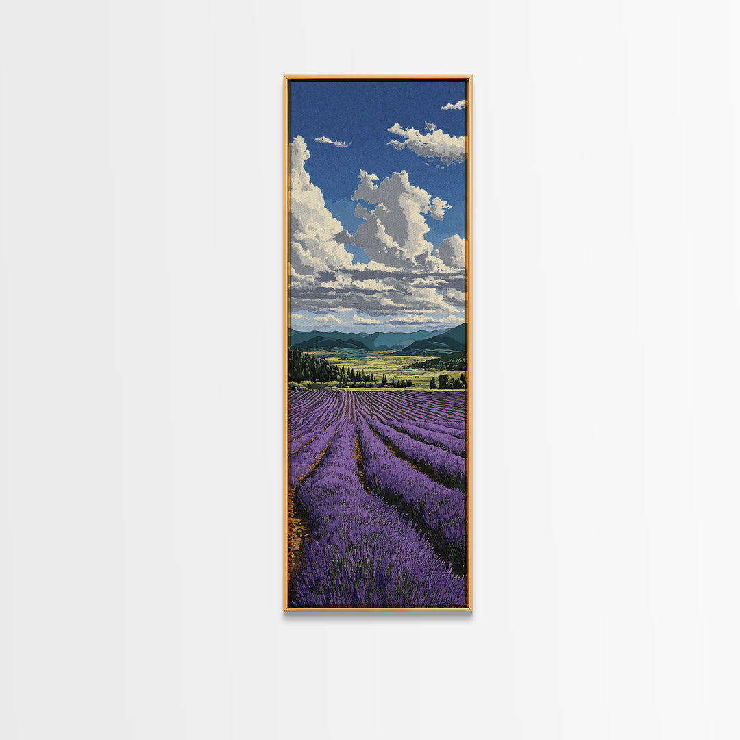 Lavender Field Leading to Distant Hills Framed Canvas Print, Landscape Art, Modern Decor, Living Room Decor, Fine Art, Horizon, LAN-1x3-46