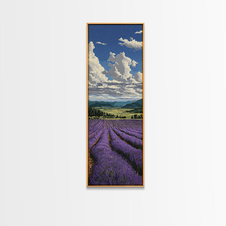 Lavender Field Leading to Distant Hills Framed Canvas Print, Landscape Art, Modern Decor, Living Room Decor, Fine Art, Horizon, LAN-1x3-46