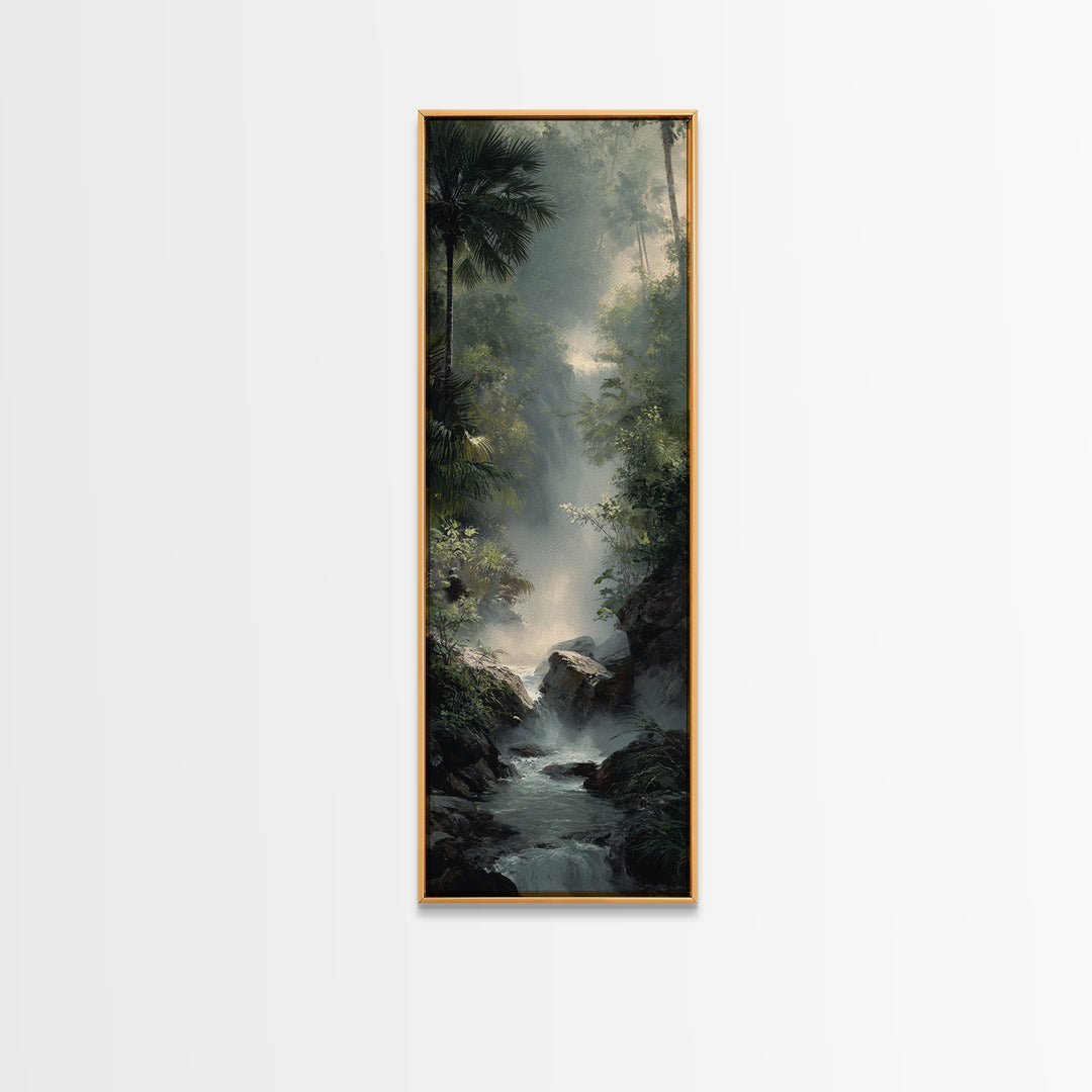 Tropical Jungle Waterfall Framed Canvas Print, Landscape Art, Digital Wall Art, Living Room Decor, Fine Art, Horizon, LAN-1x3-52