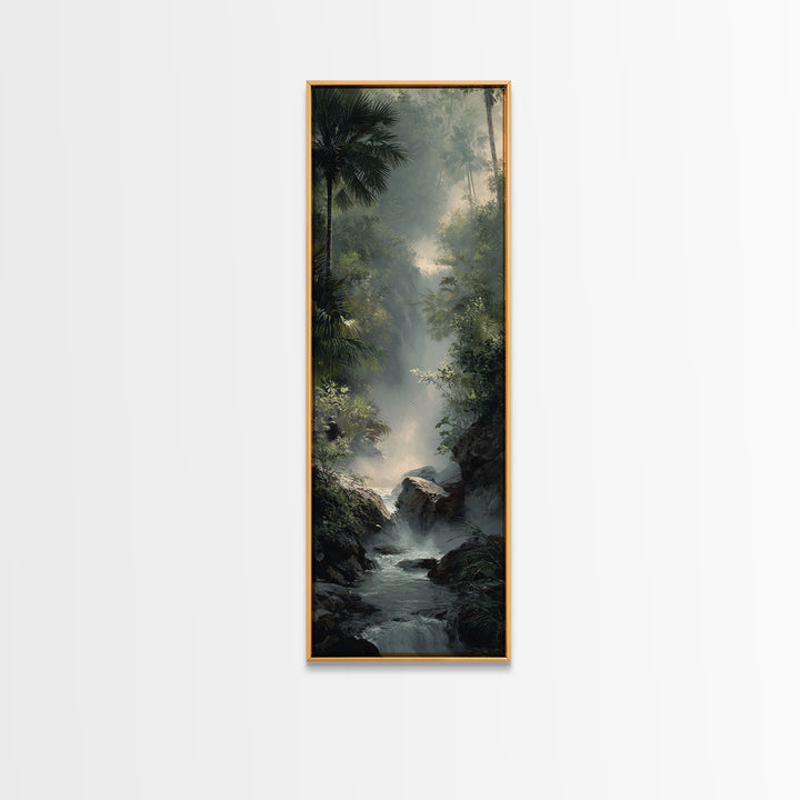 Tropical Jungle Waterfall Framed Canvas Print, Landscape Art, Digital Wall Art, Living Room Decor, Fine Art, Horizon, LAN-1x3-52