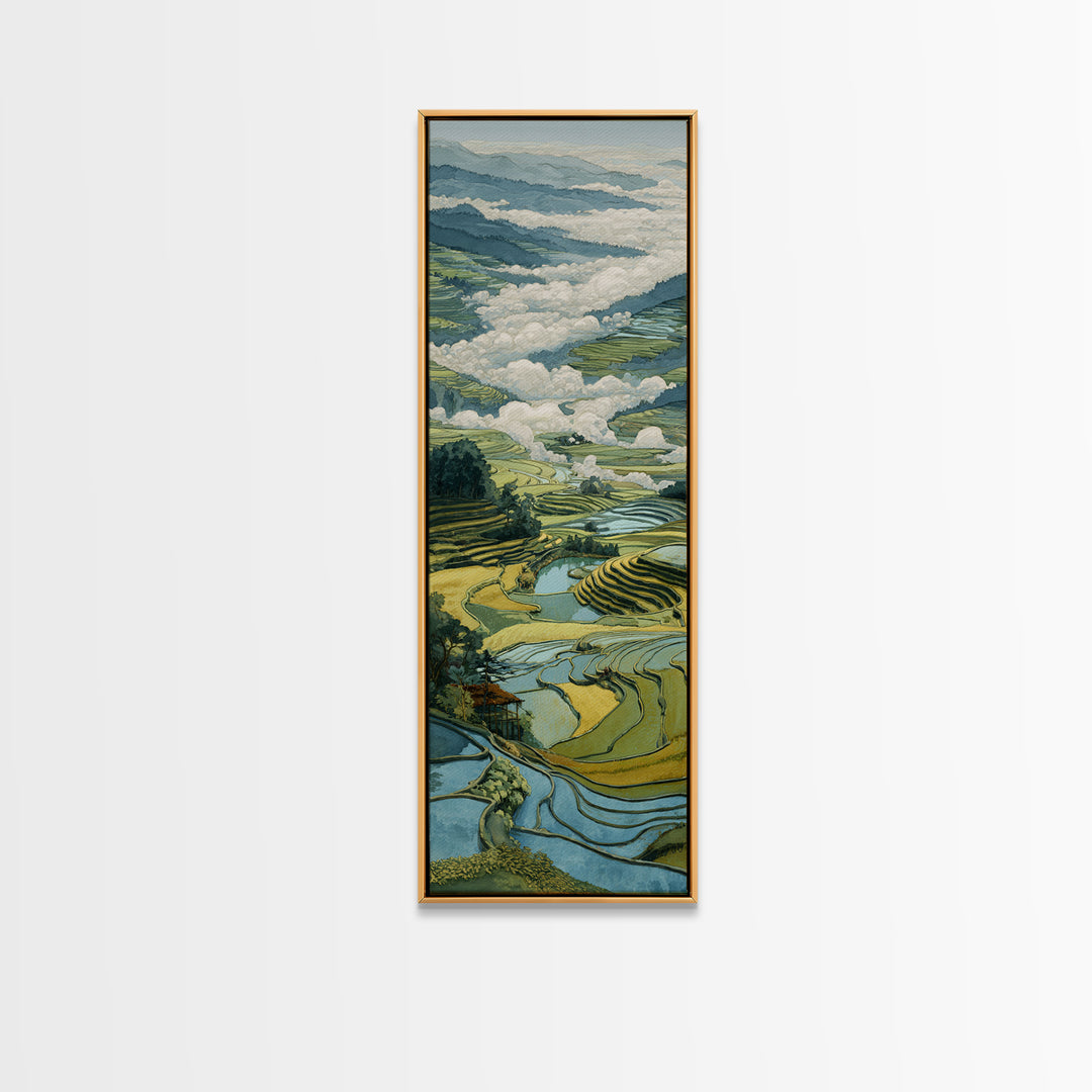 Rice Terraces Glowing Framed Canvas Print, Landscape Art, Floral Wall Art, Living Room Decor, Horizon, Minimalist Decor, LAN-1x3-54