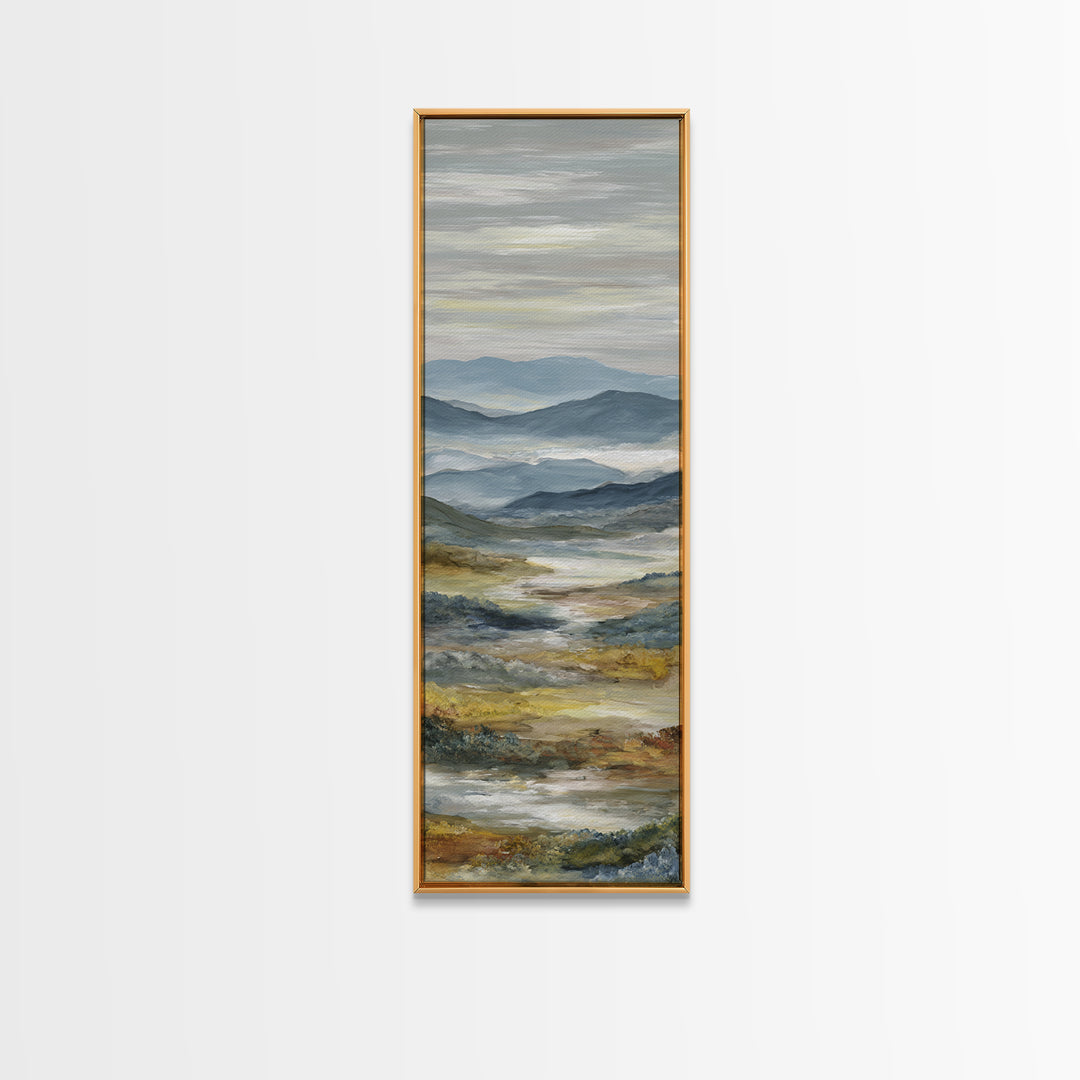 Misty Mountain Valley at Sunrise Framed Canvas Print, Landscape Art, Digital Prints, Living Room Decor, Fine Art, Horizon, LAN-1x3-61