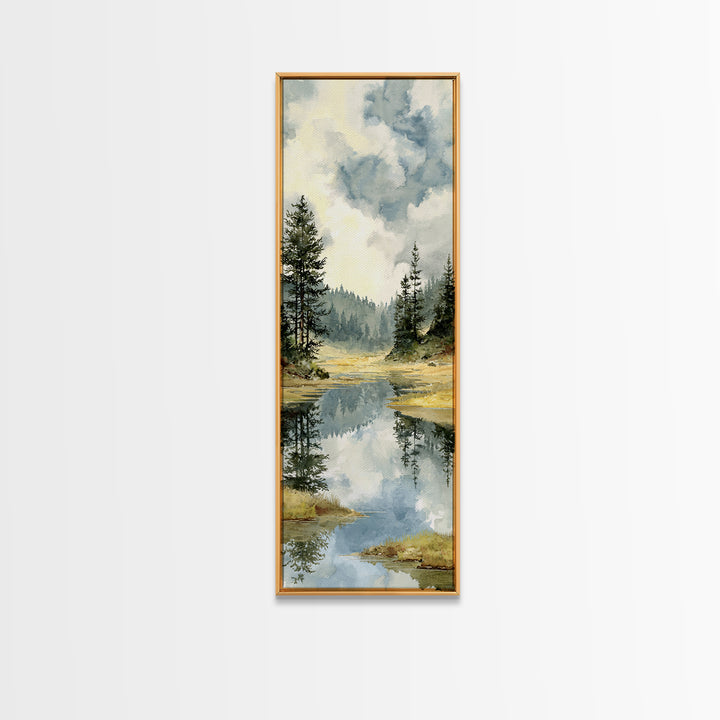 Quiet Lake Reflecting Pine Forest Framed Canvas Print, Landscape Art, Abstract Wall Art, Living Room Decor, Fine Art, Horizon, LAN-1x3-64