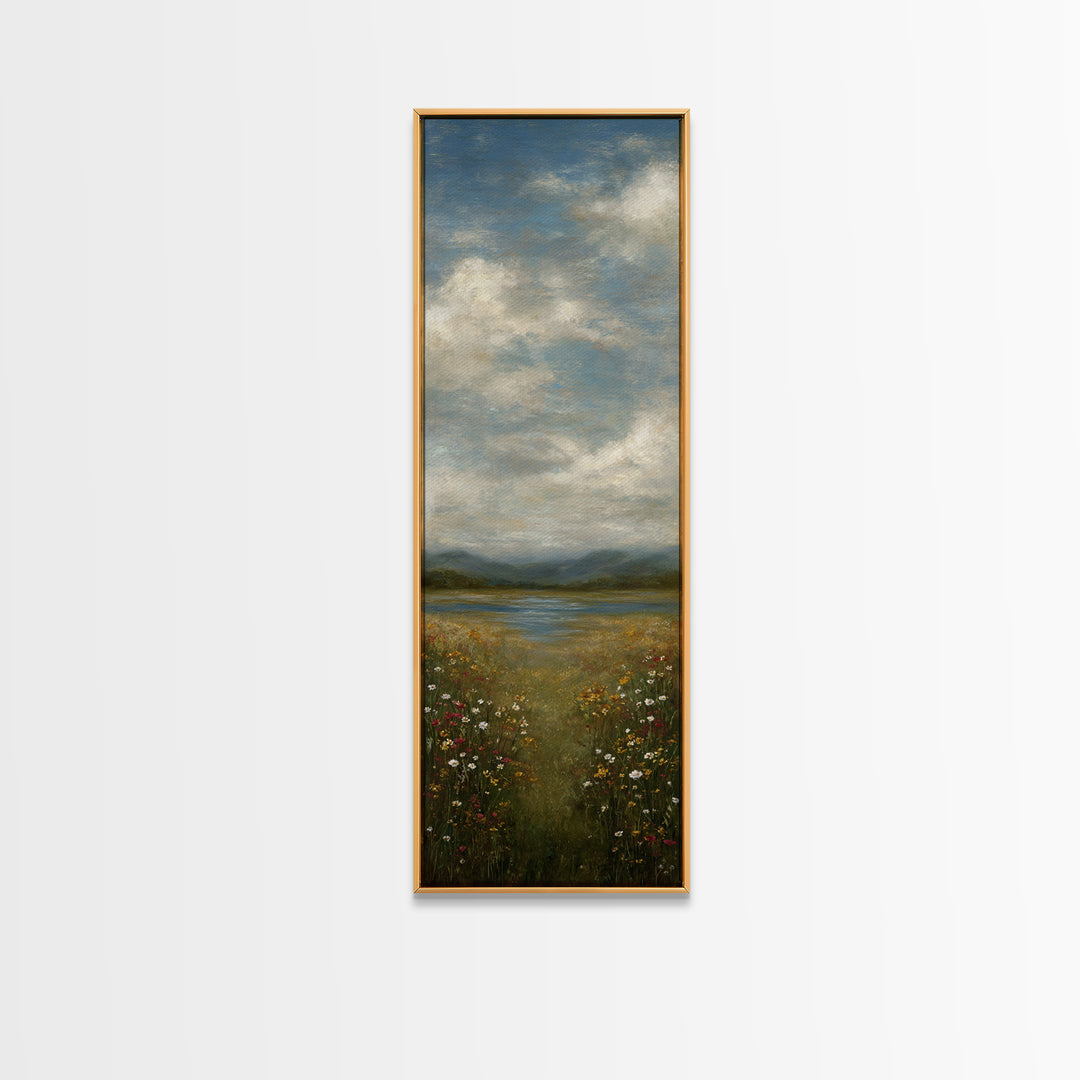 Sunlit Meadow with Wildflowers Canvas Print, Landscape Art, Framed Wall Art, Living Room Decor, Oil Painting, Horizon, LAN-1x3-73