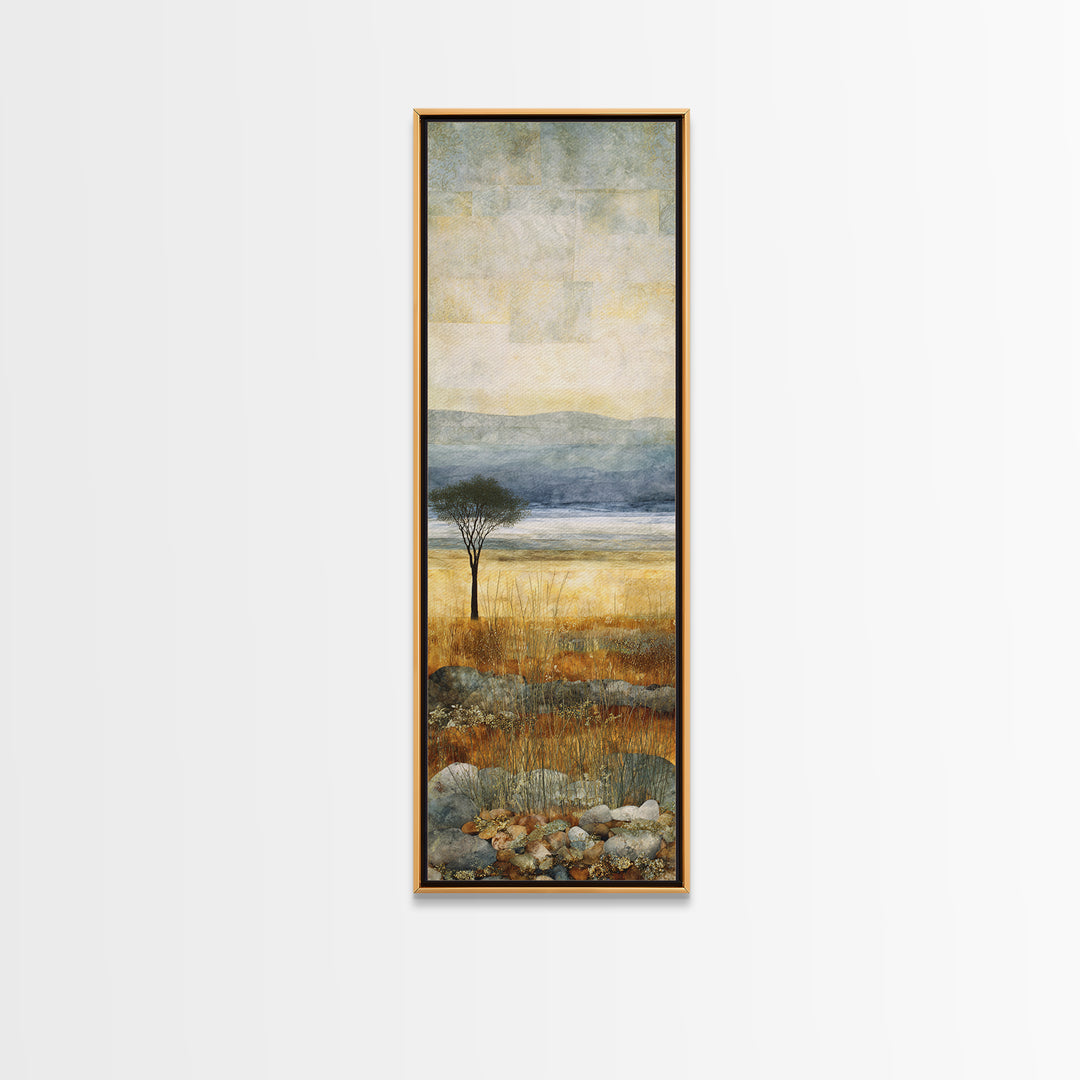 Wide Savanna with Acacia Silhouette Framed Canvas Print, Landscape Art, Living Room Wall Art, Living Room Decor, Oil Painting, LAN-1x3-79
