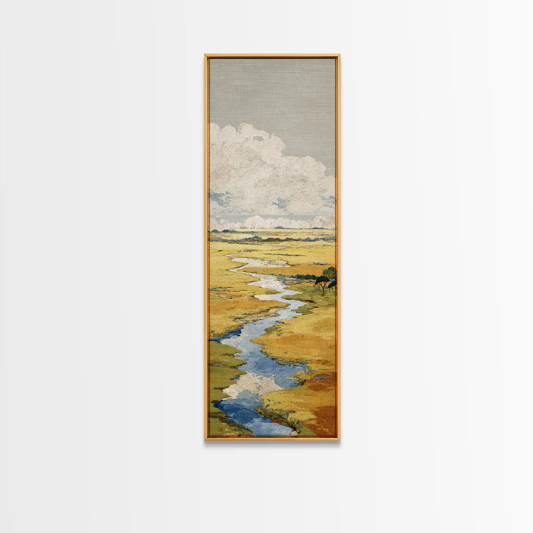 Winding River Through Golden Fields Canvas Print, Landscape Art, Contemporary Art, Living Room Decor, Fine Art, Horizon, LAN-1x3-86