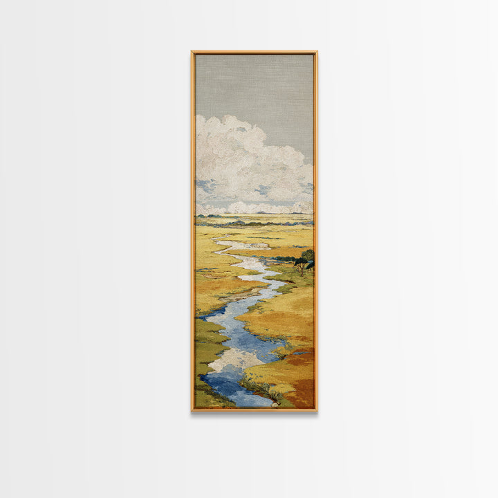 Winding River Through Golden Fields Canvas Print, Landscape Art, Contemporary Art, Living Room Decor, Fine Art, Horizon, LAN-1x3-86