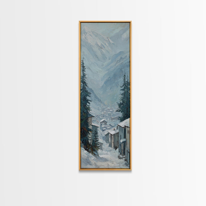 Snow Covered Alpine Village at Dusk Framed Canvas Print, Landscape Art, Boho Decor, Living Room Decor, Fine Art, Horizon, LAN-1x3-91