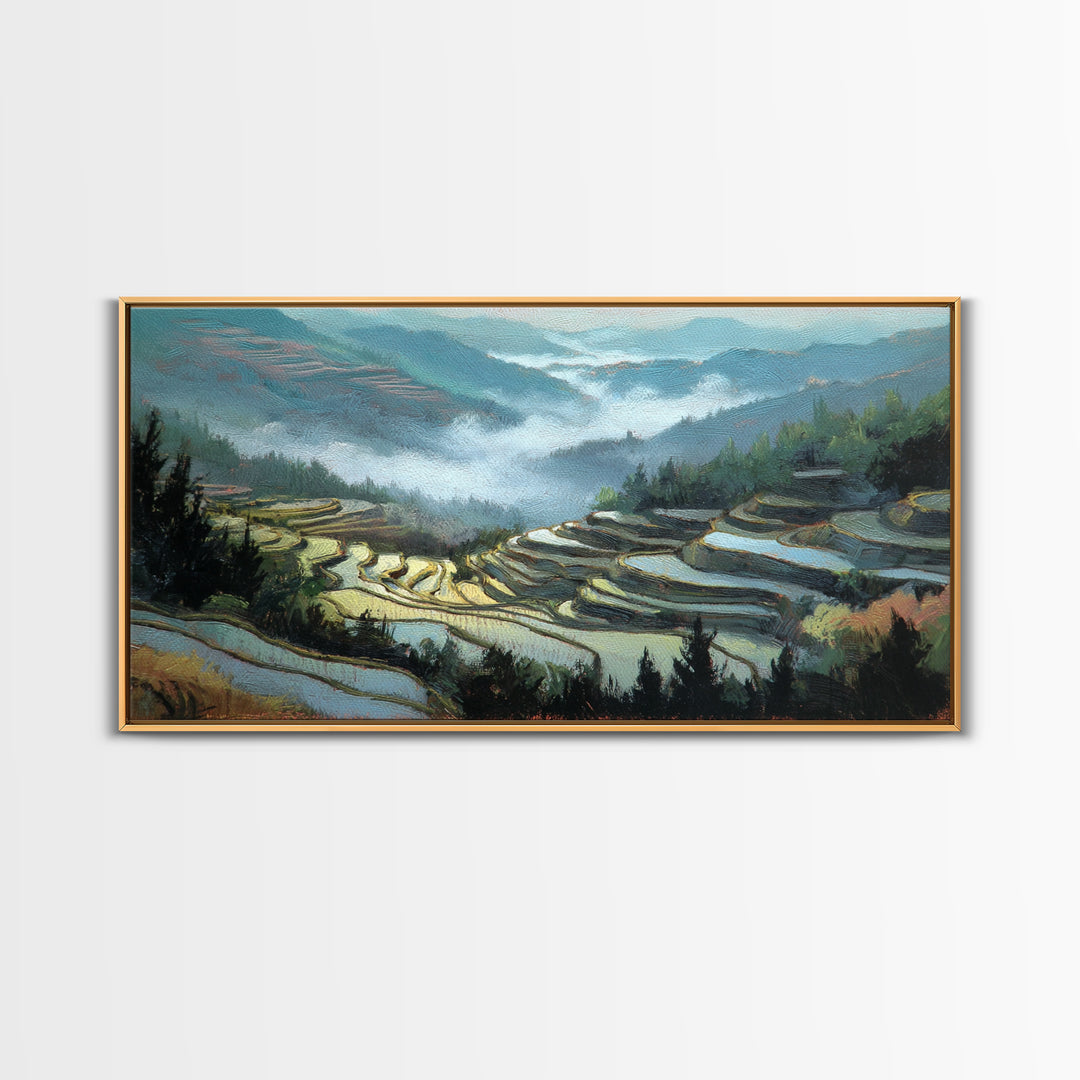 Rice Terraces Glowing Framed Canvas Print, Landscape Art, Luxury Decor, Living Room Decor, Fine Art, Horizon, Digital Art, LAN-2x1-14
