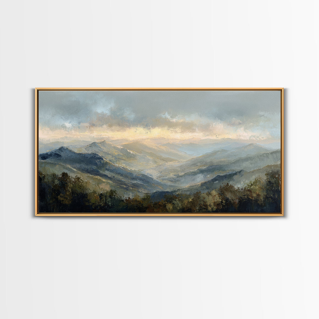 Misty Mountain Valley at Sunrise Canvas Print, Landscape Art, Digital Art, Living Room Decor, Fine Art, Horizon, Boho Wall Art, LAN-2x1-21