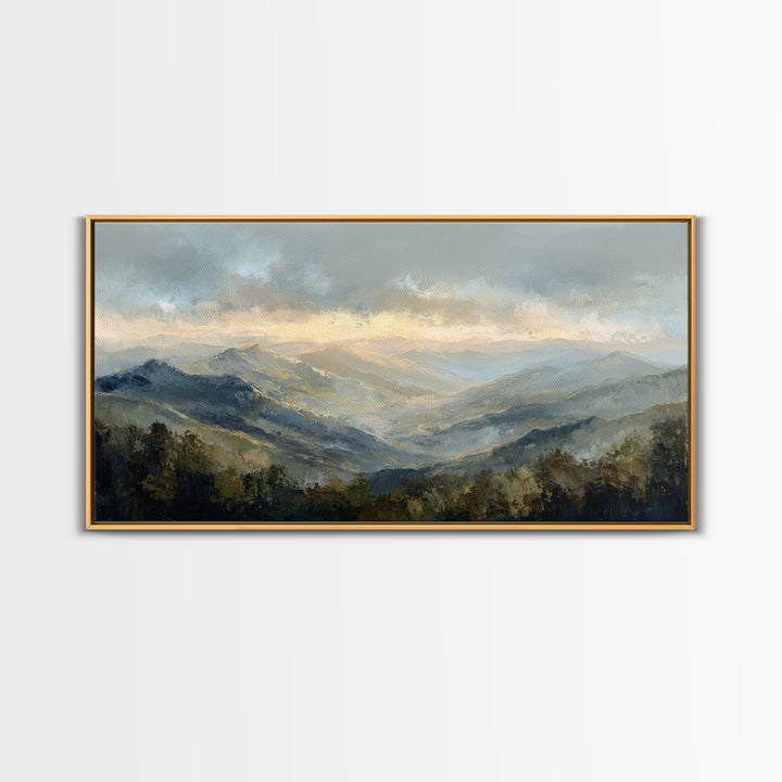 Misty Mountain Valley at Sunrise Canvas Print, Landscape Art, Digital Art, Living Room Decor, Fine Art, Horizon, Boho Wall Art, LAN-2x1-21